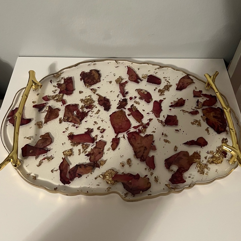 Resin Rose Petal Vanity Tray with Gold Handles